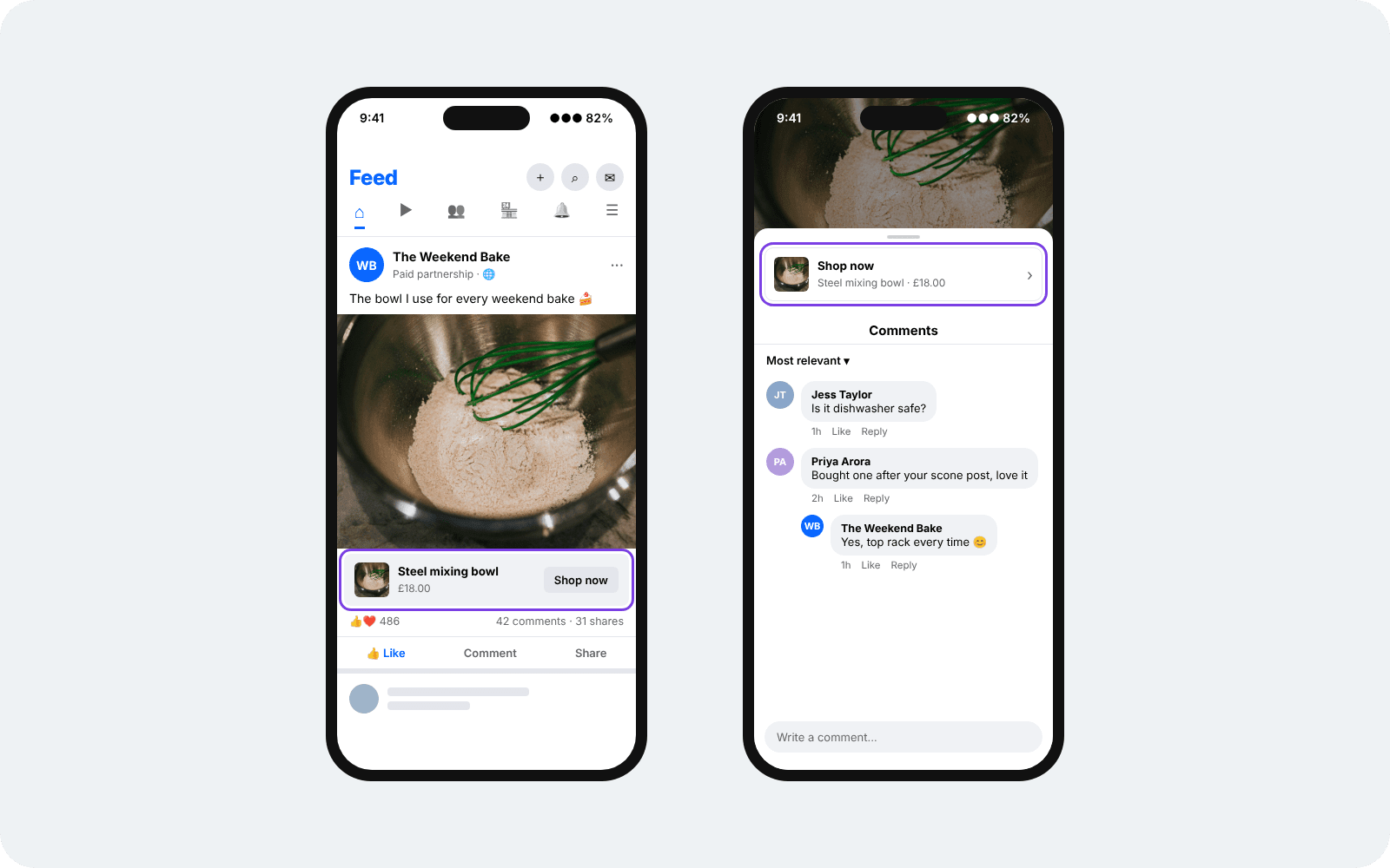 Facebook post with a Paid partnership label and an affiliate product banner for a mixing bowl, and the same product pinned above the comments