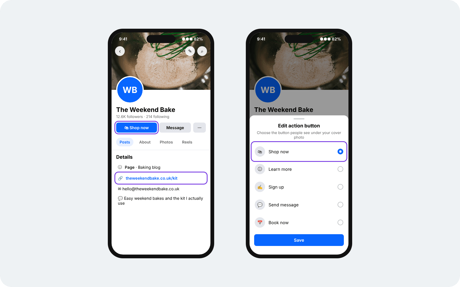 Facebook Page on mobile showing the Shop now action button, the website link in the Page details, and the action button options