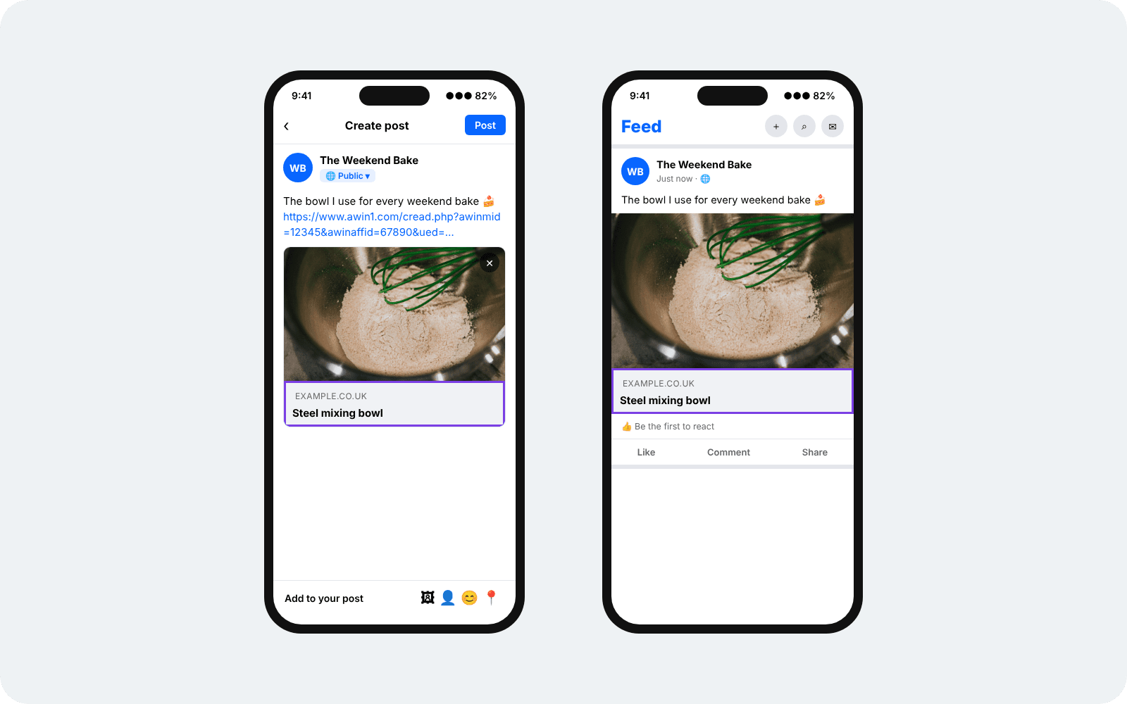 Facebook post composer and published post showing the link preview card displaying the retailer&rsquo;s domain