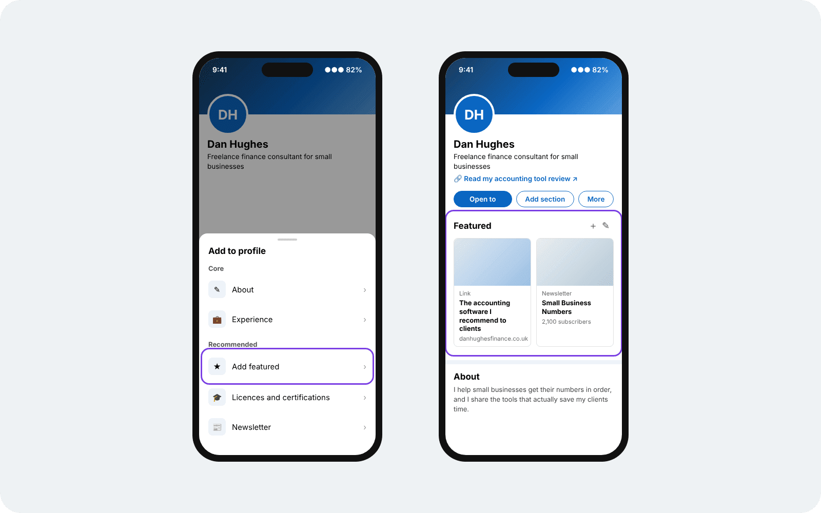 LinkedIn Add to profile menu with Add featured selected, and a Featured section holding an affiliate link and a newsletter
