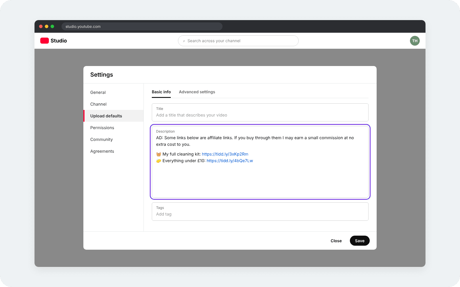 YouTube Studio upload defaults with a disclosure line and affiliate links in the default description