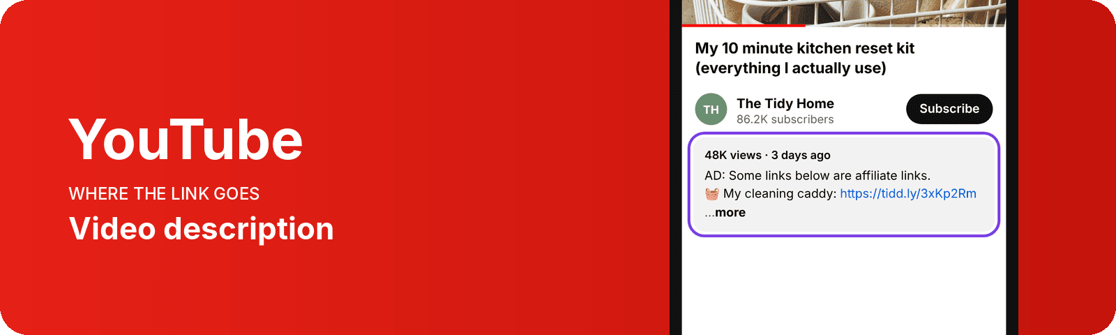 YouTube video description with a disclosure line and an affiliate link above the more cut