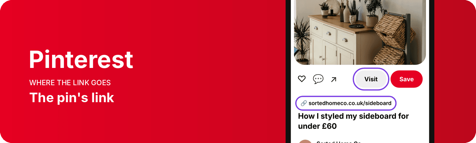 Pinterest pin of a styled sideboard with the Visit button and destination link