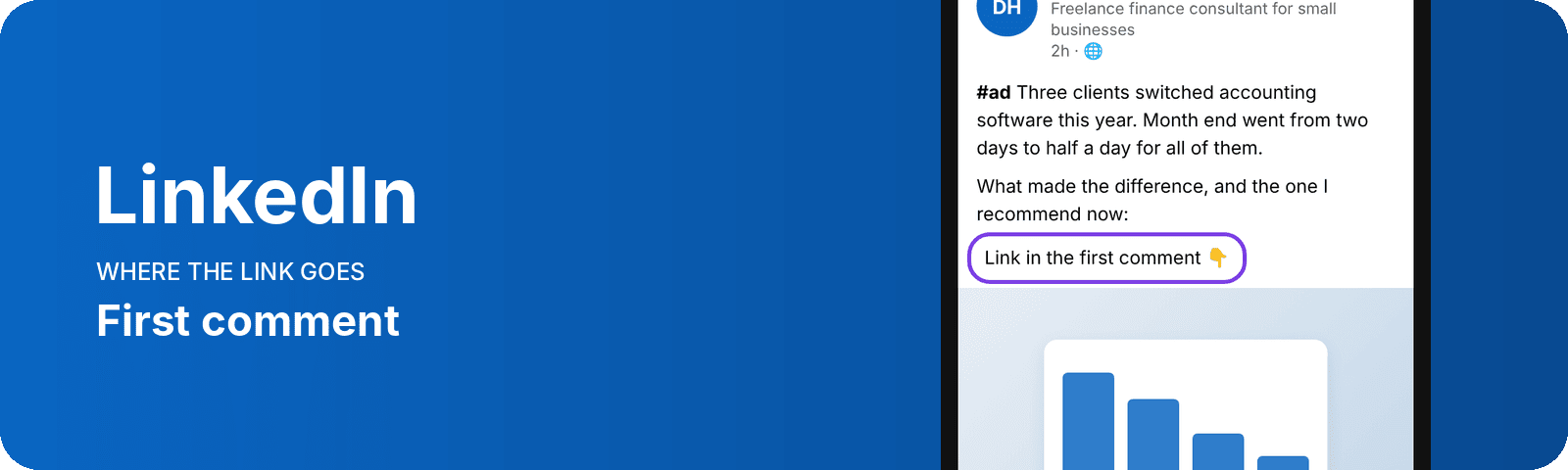 LinkedIn post with an ad disclosure pointing readers to the link in the first comment