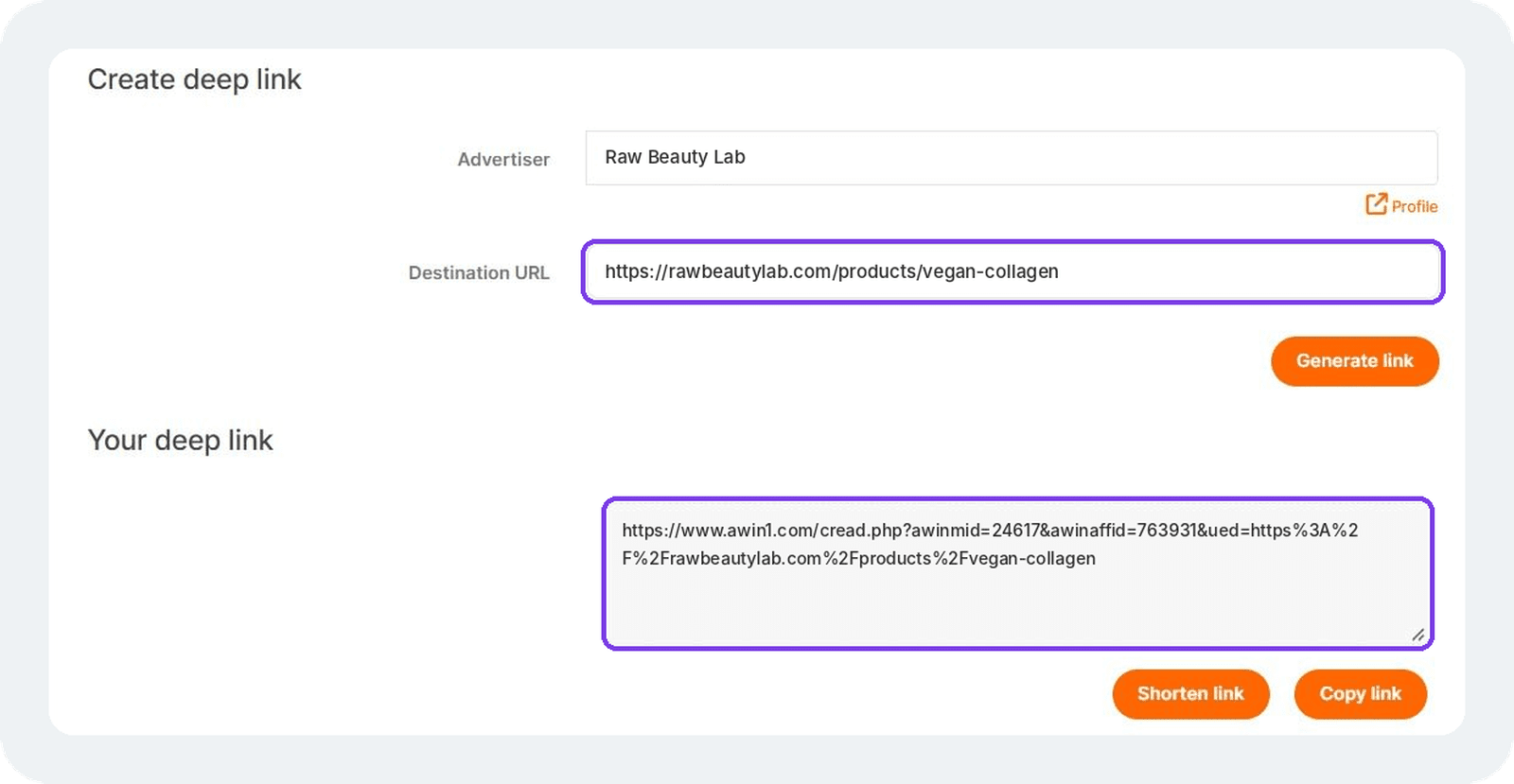 Awin Link Builder with a product page entered as the destination URL and the generated tracking link below