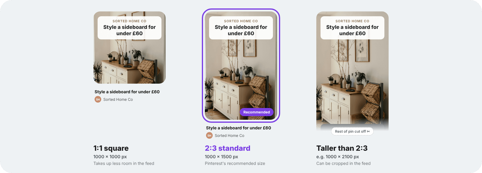 Three Pinterest pins compared in the feed, with the 2:3 pin at 1000 by 1500 pixels marked as the recommended size