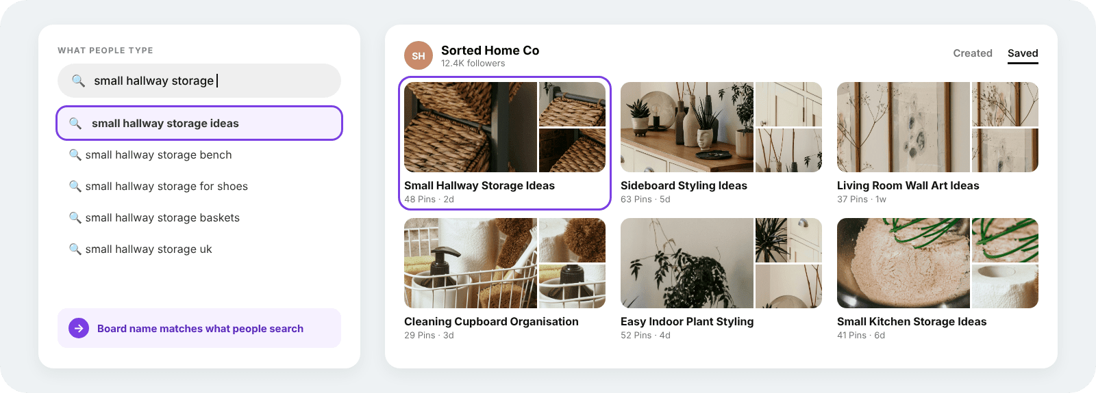 Pinterest search suggestion for small hallway storage ideas next to a profile with a board of the same name