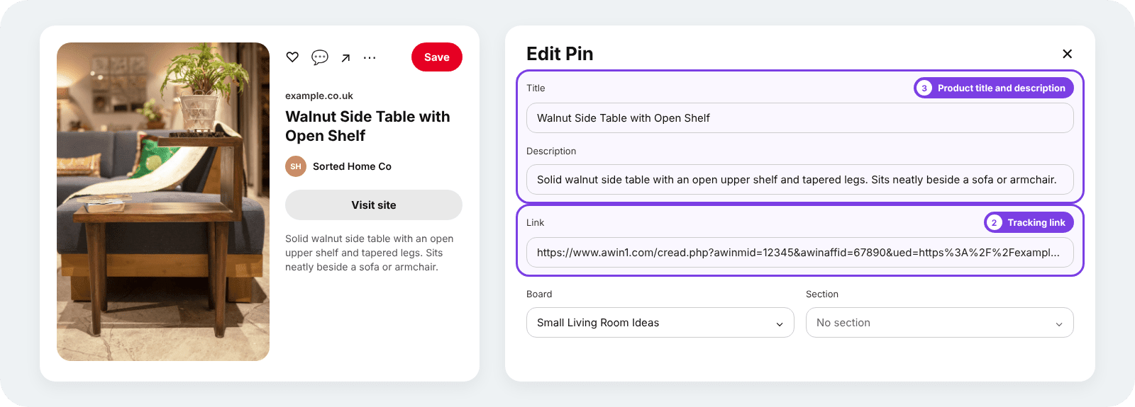 Pinterest Edit Pin form with an affiliate tracking link for a walnut side table and a matching product title and description