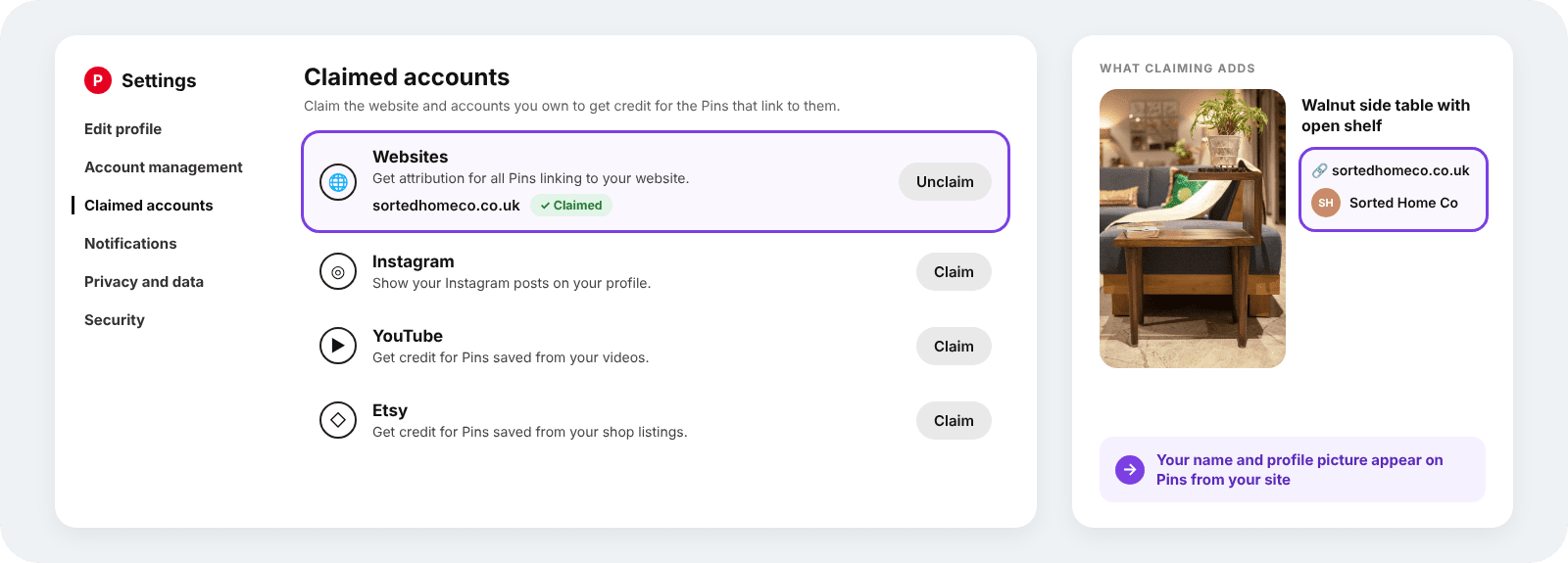 Pinterest claimed accounts settings with a website marked as claimed, next to a pin showing the site name and profile