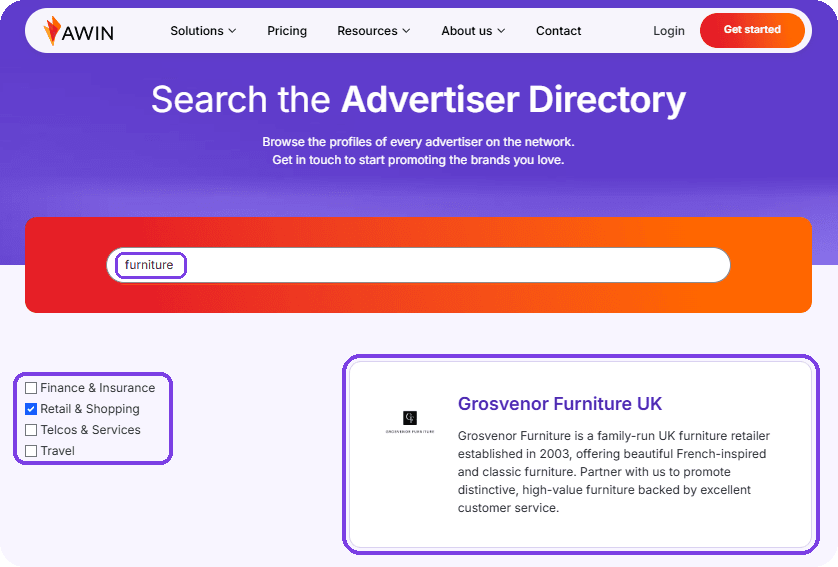 Awin Advertiser Directory search for furniture filtered to retail and shopping, showing a UK furniture retailer