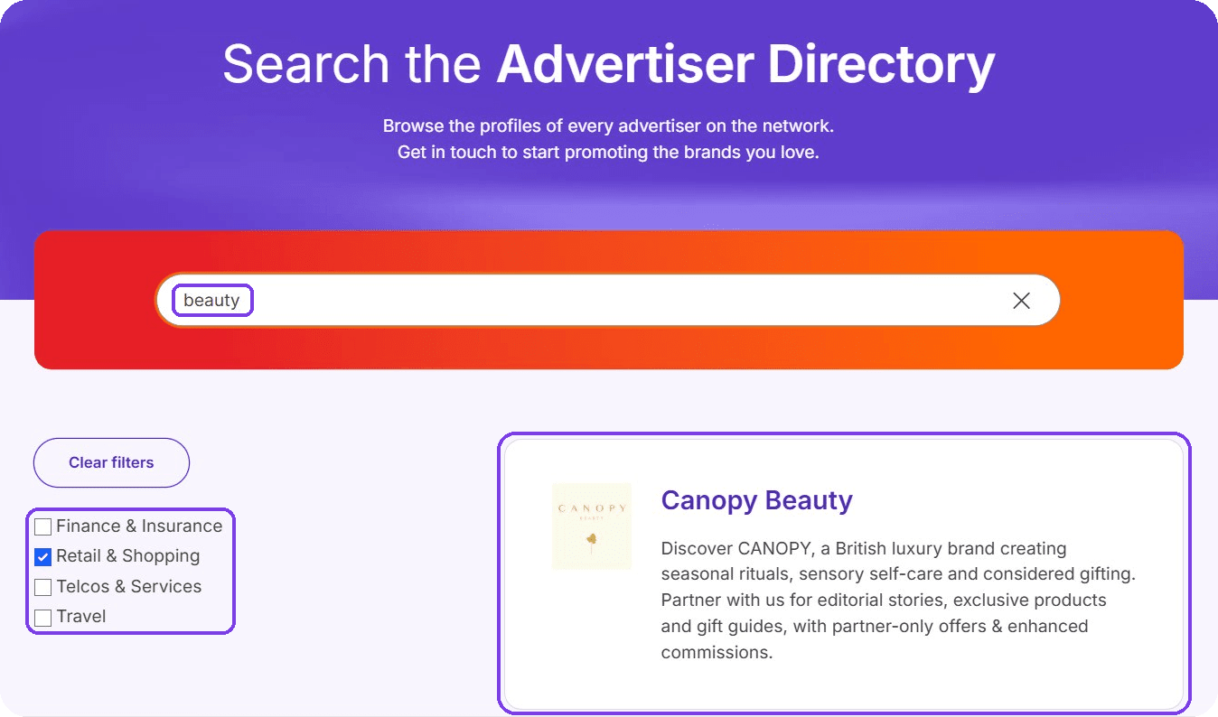 Awin Advertiser Directory search for beauty filtered to retail and shopping, showing a UK beauty brand