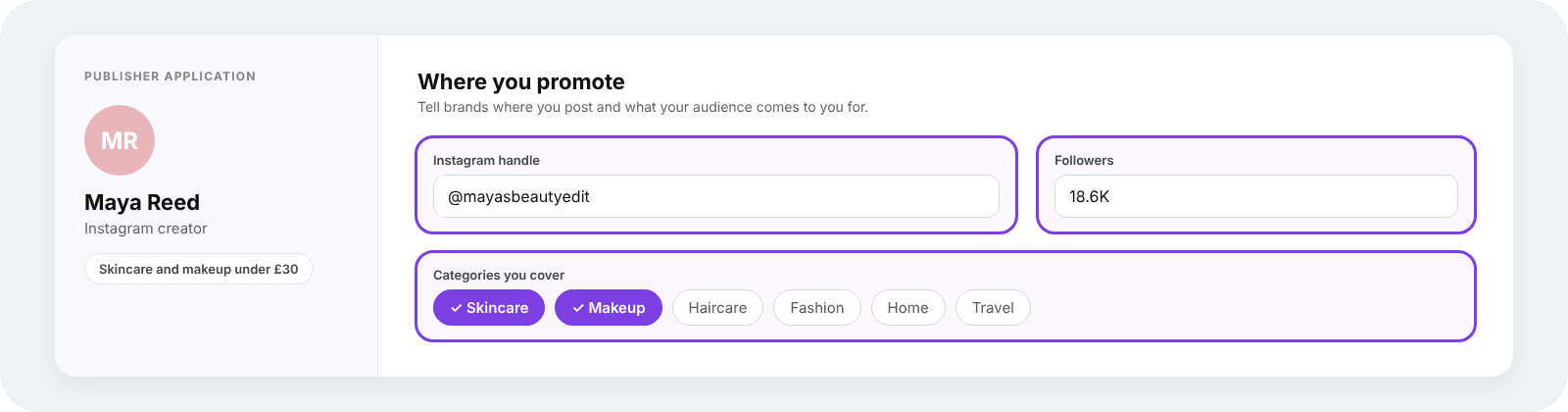 Affiliate application form with an Instagram handle, follower count and skincare and makeup categories filled in