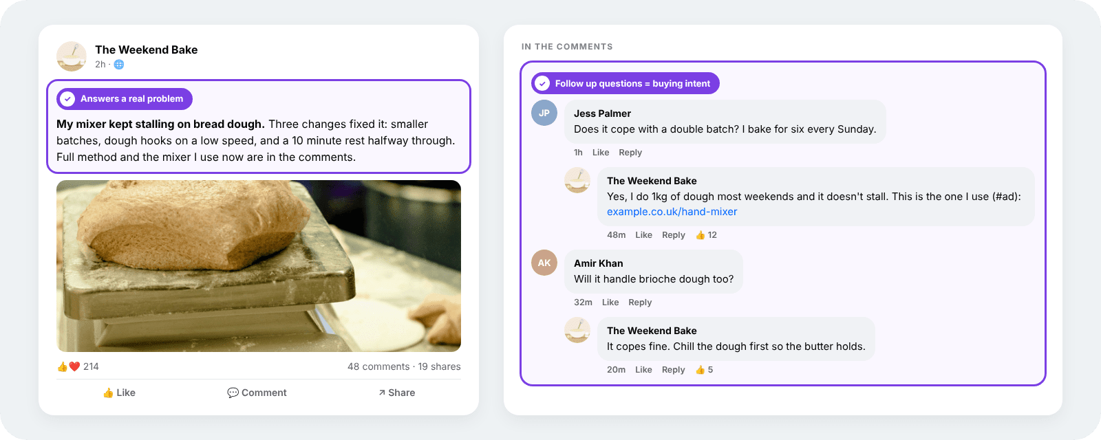 Facebook Page post answering a baking problem, with readers asking follow up questions in the comments and the Page replying