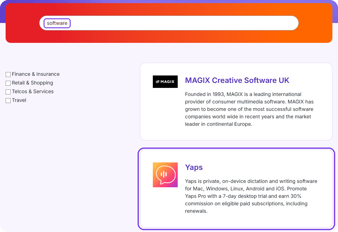 Awin Advertiser Directory search for software, showing a programme that pays commission on subscription renewals