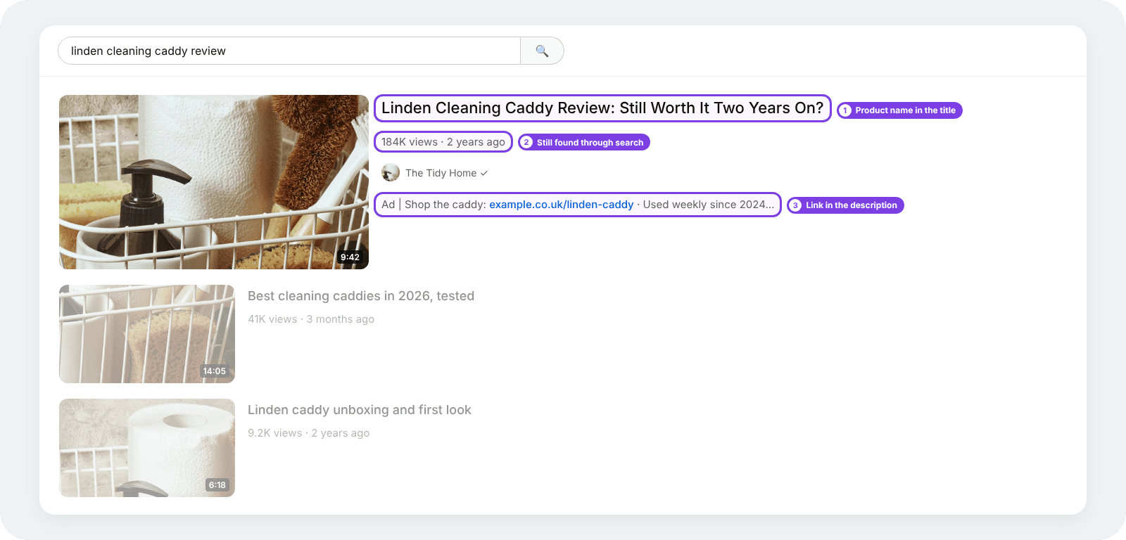 YouTube search for a product review showing a two year old video with the product name in its title and an affiliate link in the description