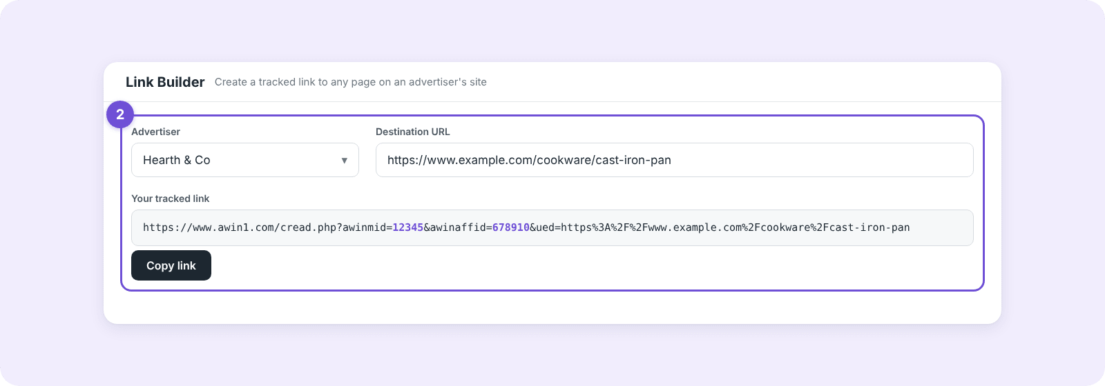 Awin Link Builder turning a Hearth & Co product page into a tracked affiliate link
