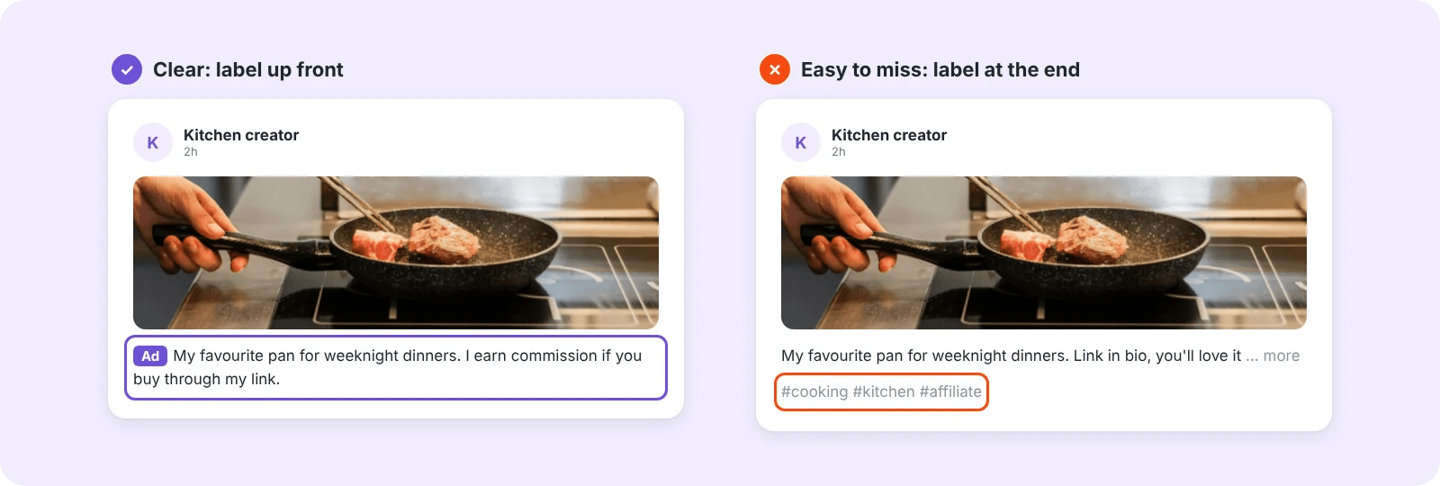Two social posts side by side: one clearly labelled “Ad” at the start of the caption, and one hiding #affiliate in hashtags at the end where it’s easy to miss